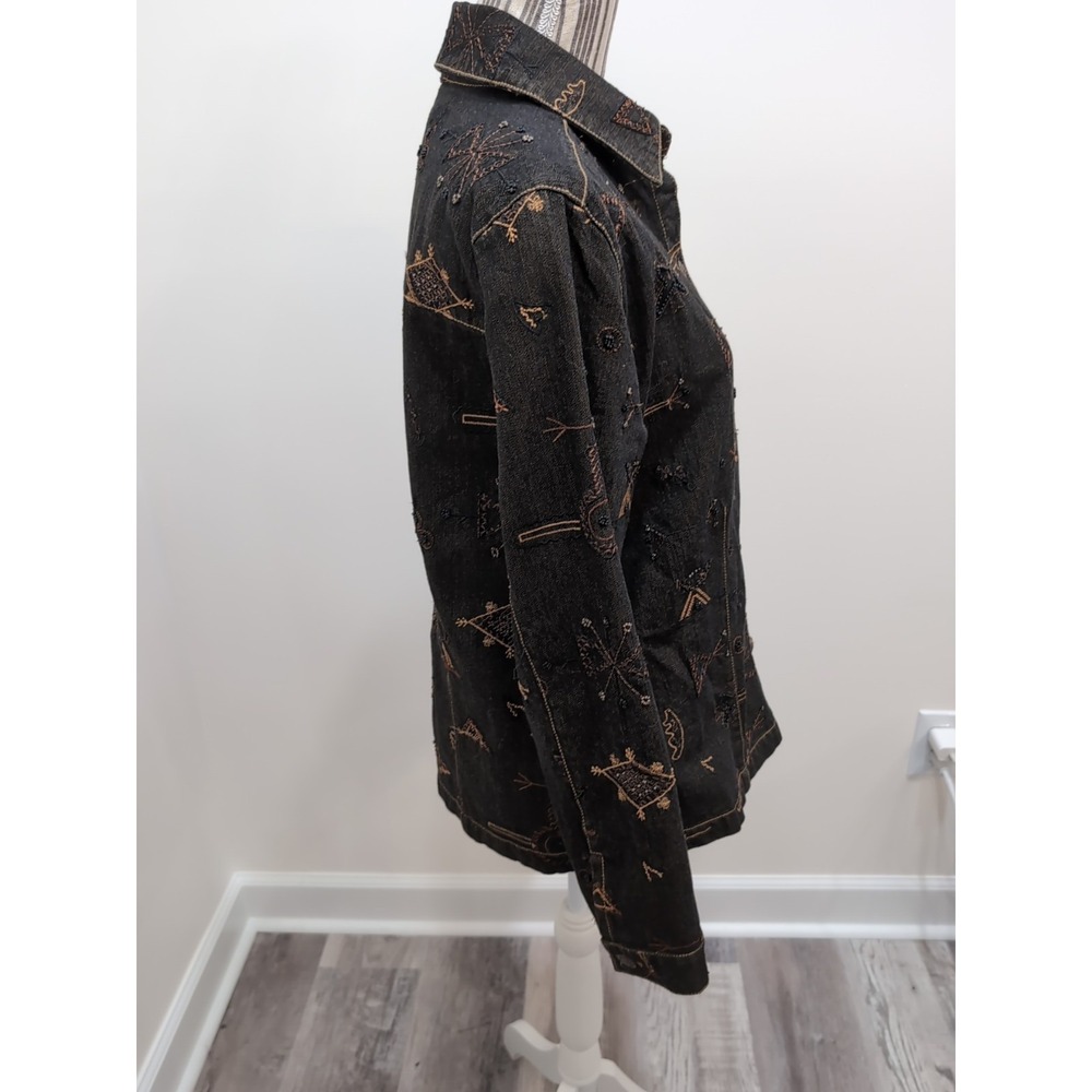 Chicos Jacket Womens 1 Black Embroidered Beaded Denim Southwestern Silk Lined - Picture 5 of 10